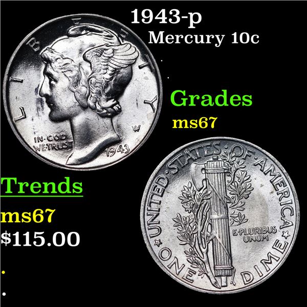 1943-p Mercury Dime 10c Grades GEM++ Unc