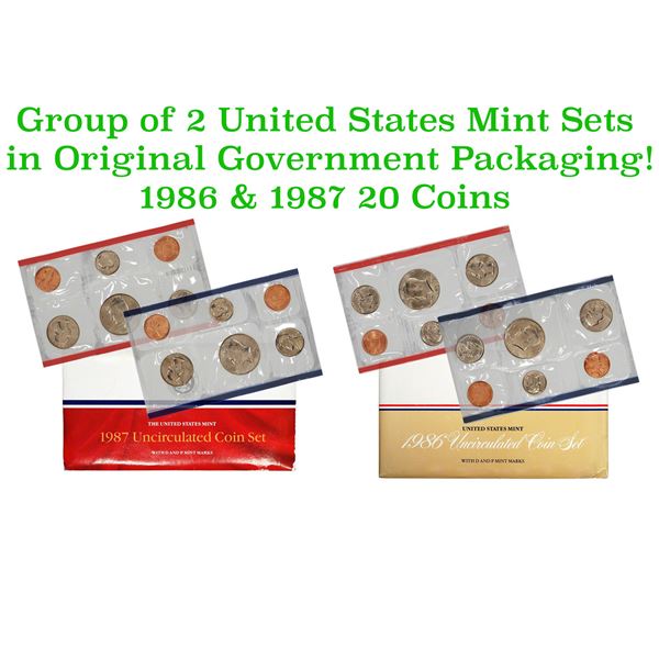Group of 2 United States Mint Set in Original Government Packaging! From 1986-1987 with 20 Coins Ins