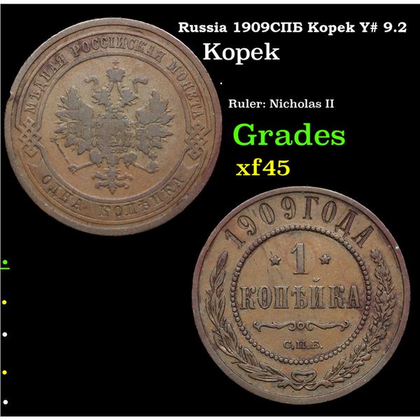 Russia 1909??? Kopek Y# 9.2 Grades xf+