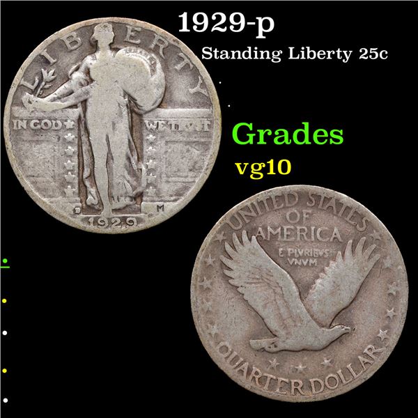 1929-p Standing Liberty Quarter 25c Grades vg+