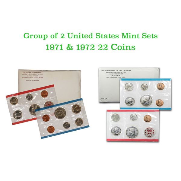 Group of 2 United States Mint Set in Original Government Packaging! From 1971-1972 with 22 Coins Ins