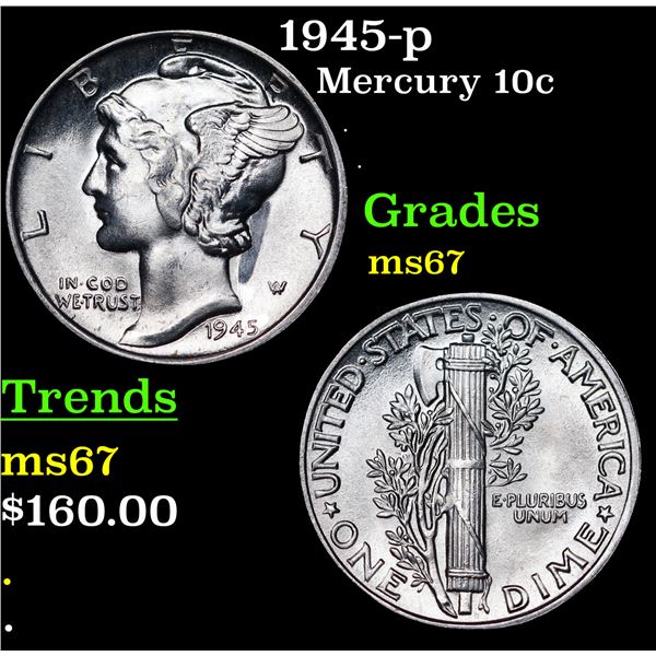 1945-p Mercury Dime 10c Grades GEM++ Unc