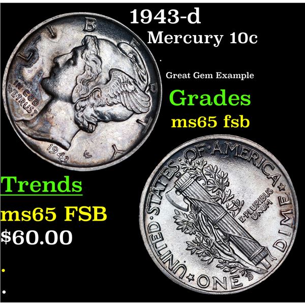 1943-d Mercury Dime 10c Grades GEM FSB