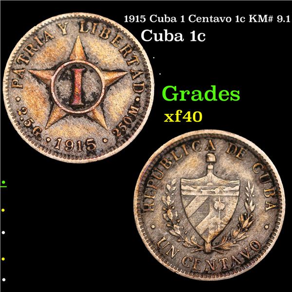 1915 Cuba 1 Centavo 1c KM# 9.1 Grades xf