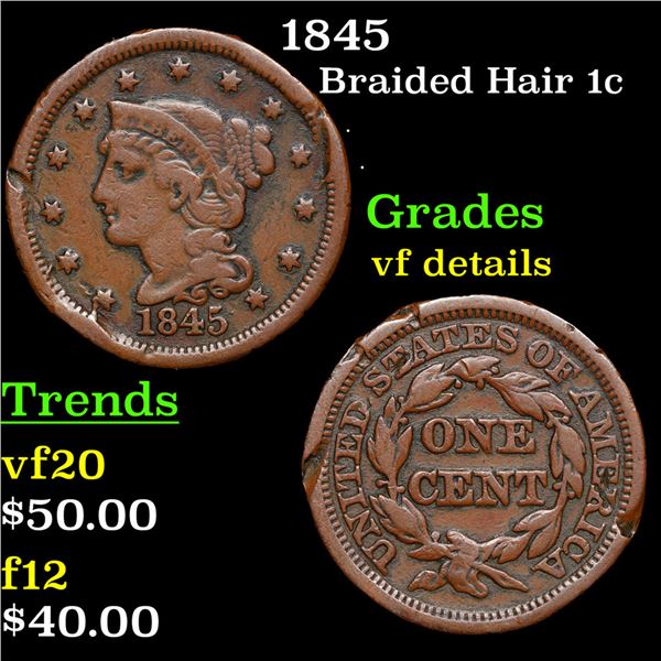 1845 Braided Hair Large Cent 1c Grades vf details