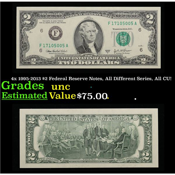 4x 1995-2013 $2 Federal Reserve Notes, All Different Series, All CU! Grades Brilliant Uncirculated