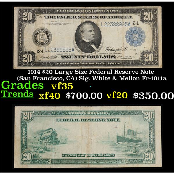 1914 $20 Large Size Federal Reserve Note (San Francisco, CA) Sig. White & Mellon Fr-1011a Grades vf+