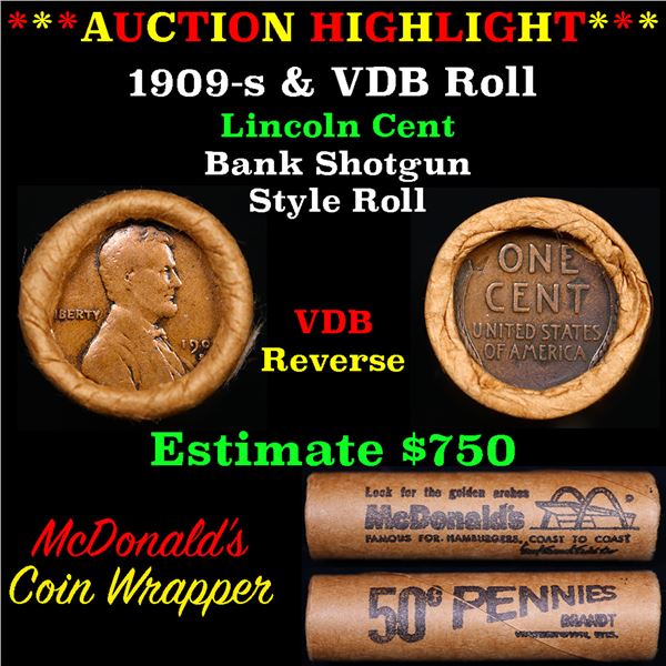 ***Auction Highlight*** Lincoln Wheat cent 1c orig Brandt McDonalds roll, 1909-s end, VDB other end 