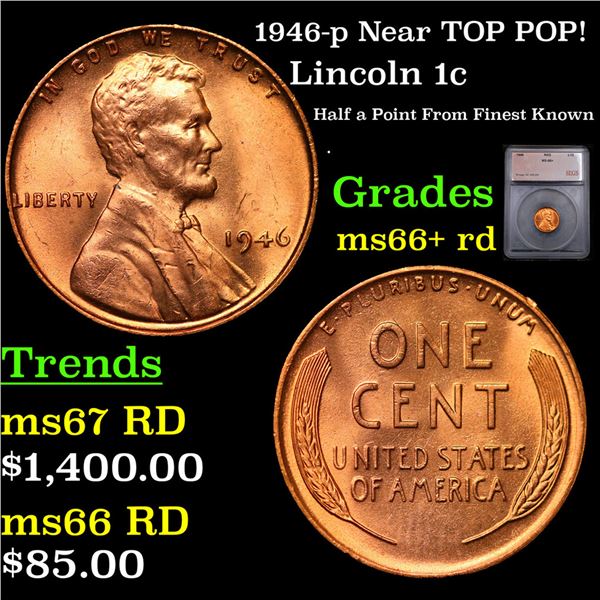 ***Auction Highlight*** 1946-p Lincoln Cent Near TOP POP! 1c Graded ms66+ rd BY SEGS (fc)