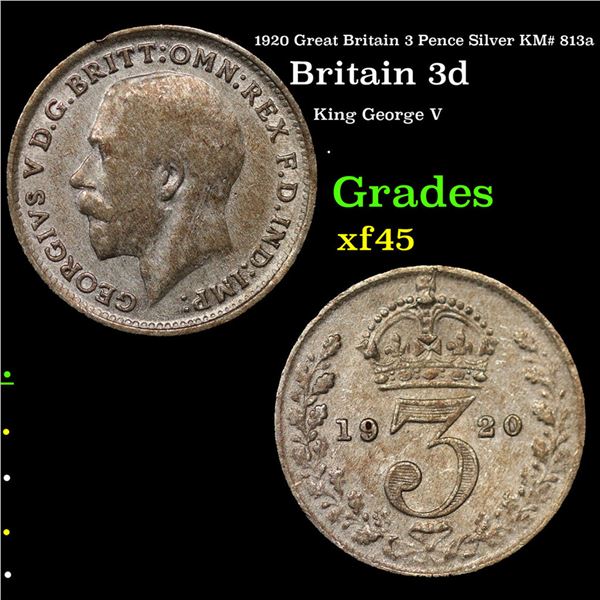 1920 Great Britain 3 Pence Silver KM# 813a Grades xf+