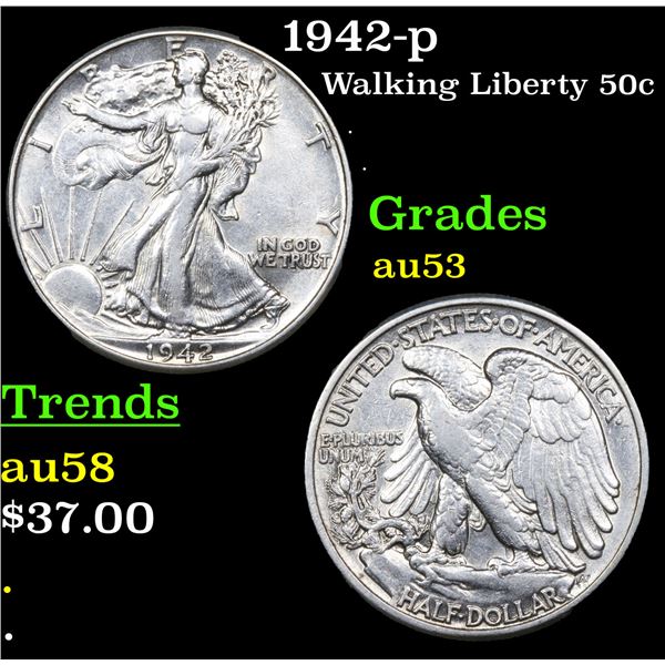 1942-p Walking Liberty Half Dollar 50c Grades Select AU