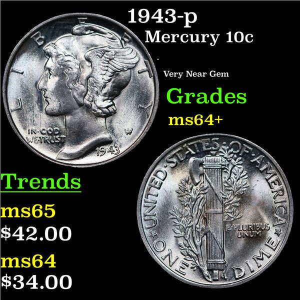1943-p Mercury Dime 10c Grades Choice+ Unc