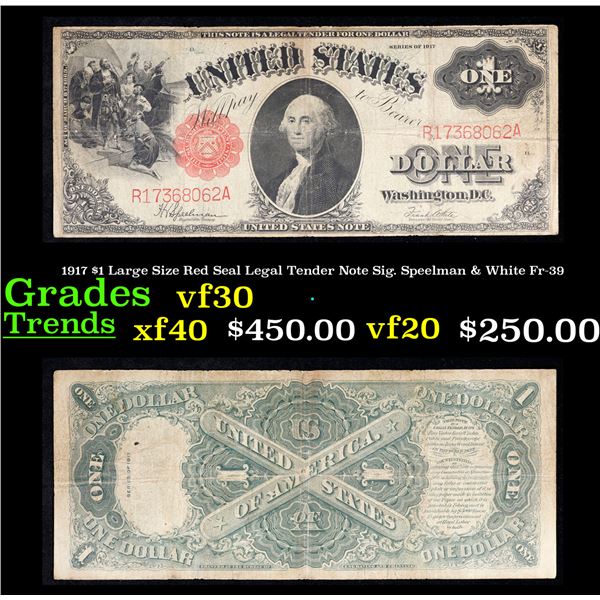 1917 $1 Large Size Red Seal Legal Tender Note Sig. Speelman & White Fr-39 Grades vf++