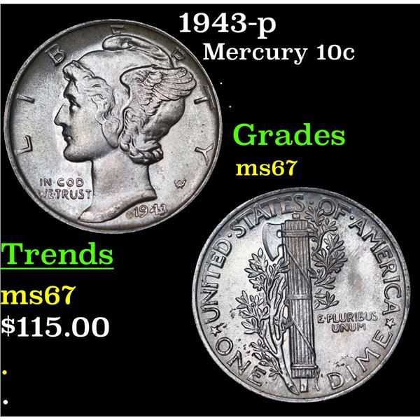 1943-p Mercury Dime 10c Grades GEM++ Unc