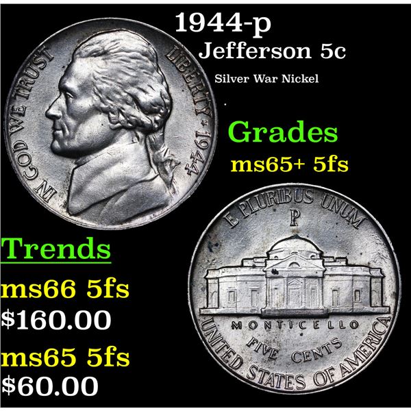 1944-p Jefferson Nickel 5c Grades GEM+ 5fs