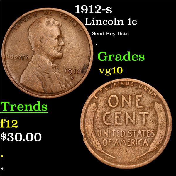 1912-s Lincoln Cent 1c Grades vg+