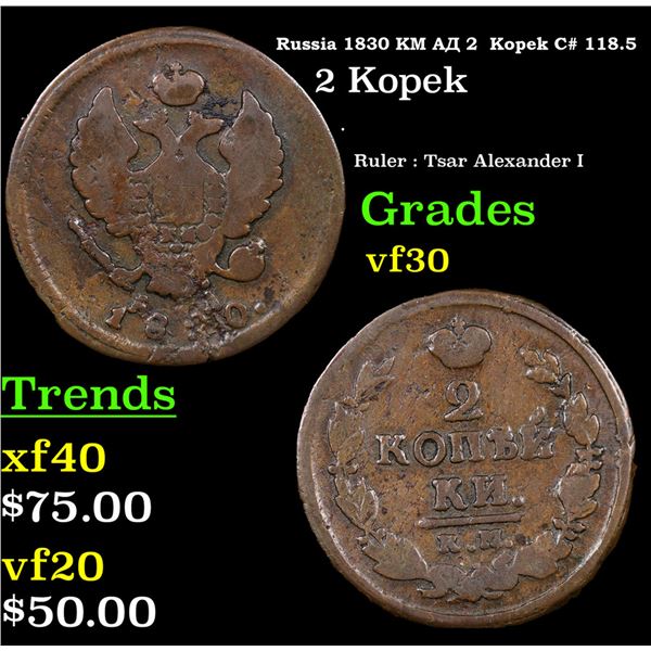 Russia 1820 ?? ?? 2  Kopek C# 118.5 Grades vf++