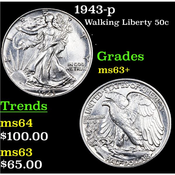 1943-p Walking Liberty Half Dollar 50c Grades Select+ Unc