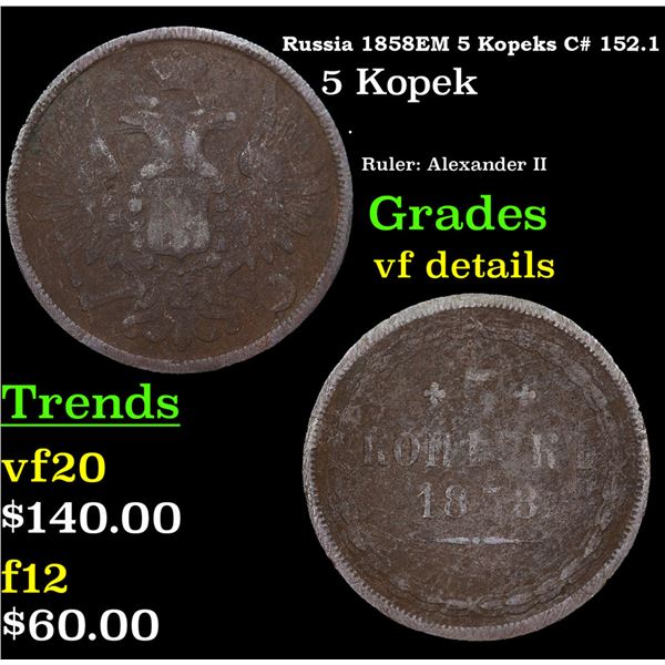 Russia 1858?? 5 Kopeks C# 152.1 Grades vf details