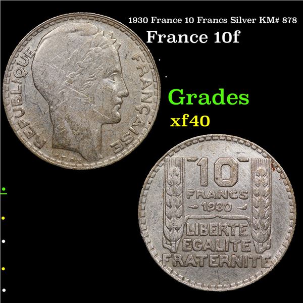 1930 France 10 Francs Silver KM# 878 Grades xf