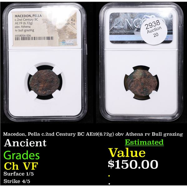 NGC Macedon, Pella c.2nd Century BC AE19(6.72g) obv Athena rv Bull grazing Graded Ch VF By NGC
