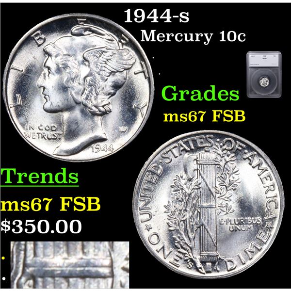 1944-s Mercury Dime 10c Graded ms67 FSB BY SEGS