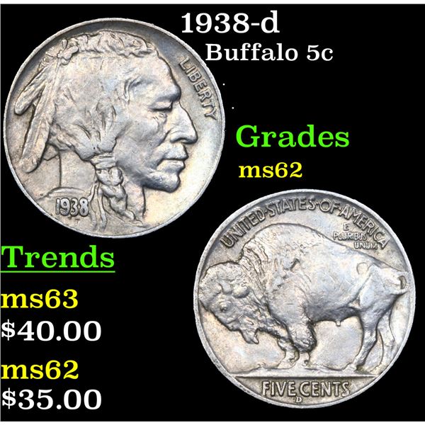 1938-d Buffalo Nickel 5c Grades Select Unc