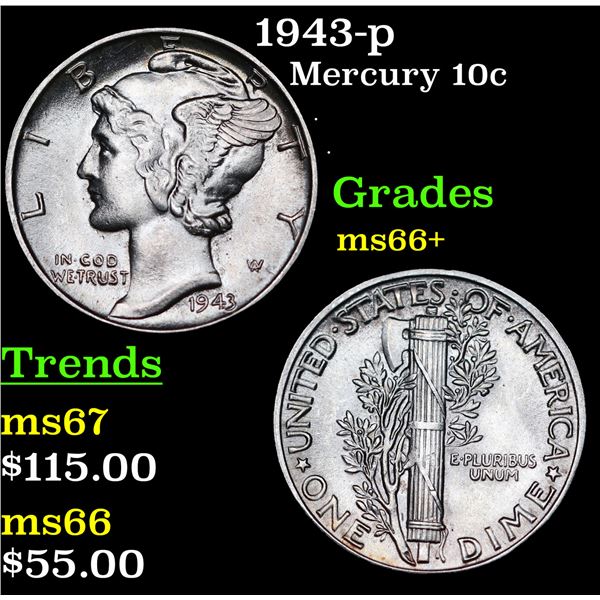 1943-p Mercury Dime 10c Grades GEM++ Unc