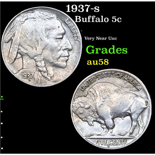 1937-s Buffalo Nickel 5c Grades Choice AU/BU Slider