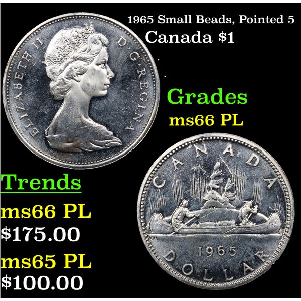 1965 Small Beads, Pointed 5 Canada Dollar $1 Grades GEM+ UNC PL