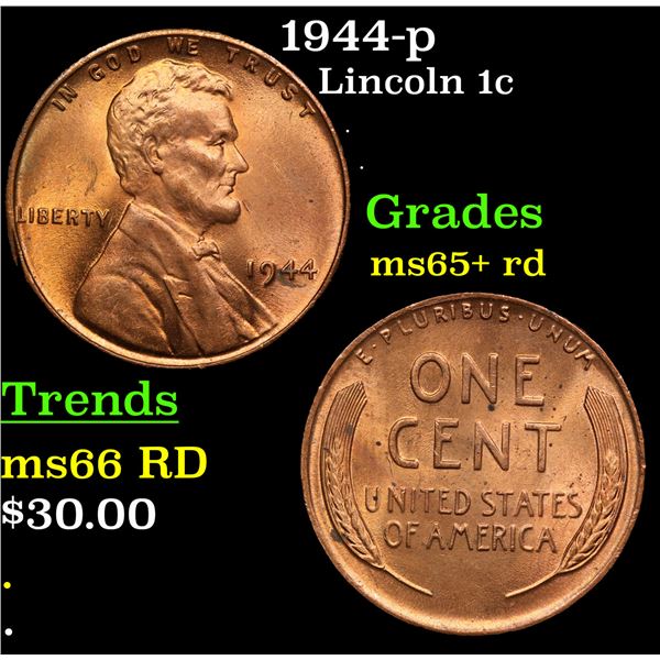 1944-p Lincoln Cent 1c Grades Gem+ Unc RD