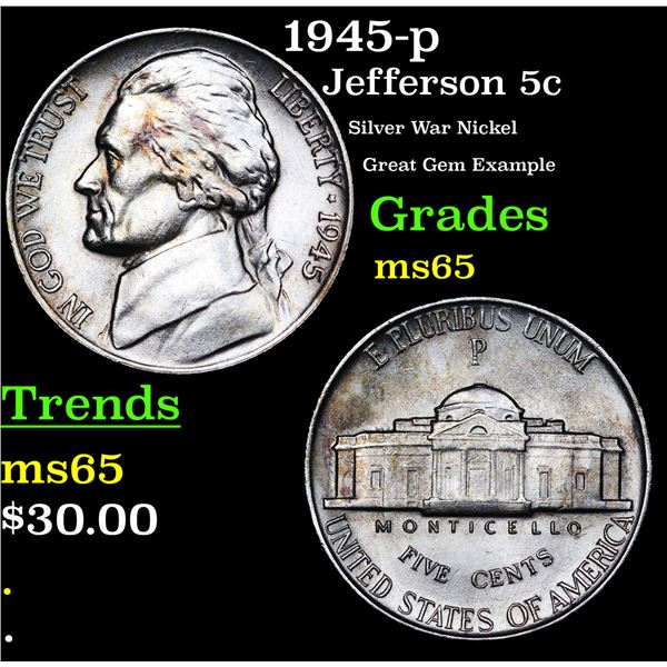 1945-p Jefferson Nickel 5c Grades GEM Unc