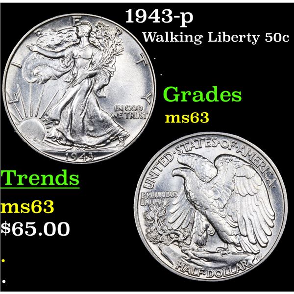 1943-p Walking Liberty Half Dollar 50c Grades Select Unc