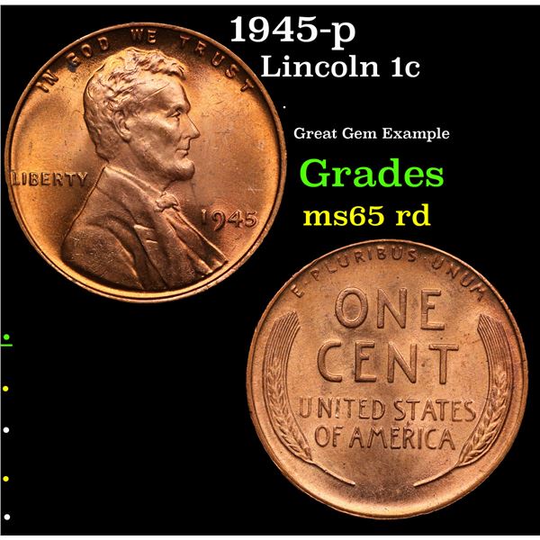 1945-p Lincoln Cent 1c Grades GEM Unc RD