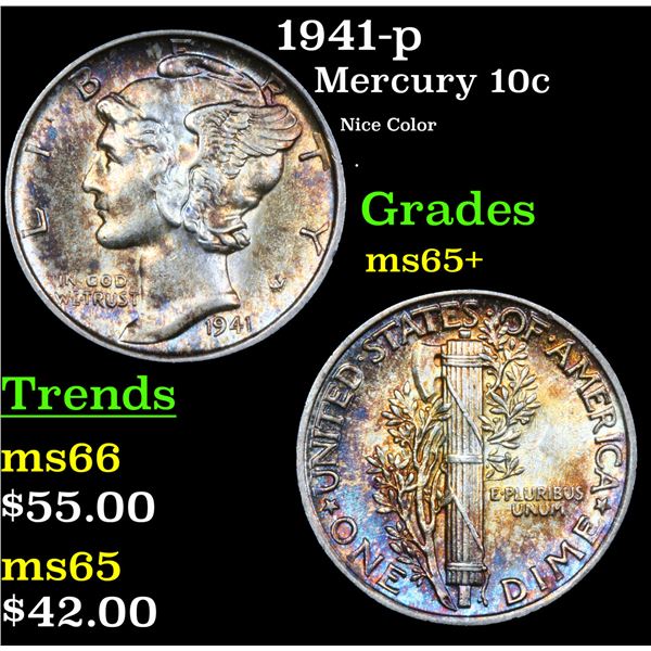 1941-p Mercury Dime 10c Grades GEM+ Unc