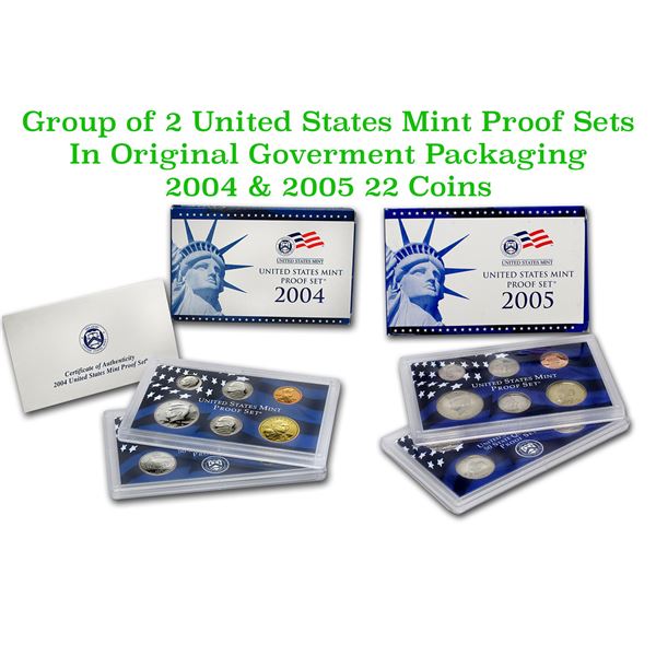Group of 2 United States Mint Proof Sets 2004-2005 22 coins.
