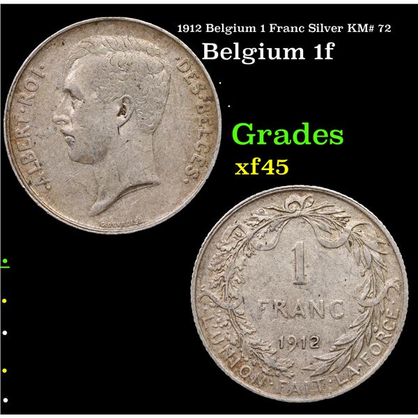 1912 Belgium 1 Franc Silver KM# 72 Grades xf+