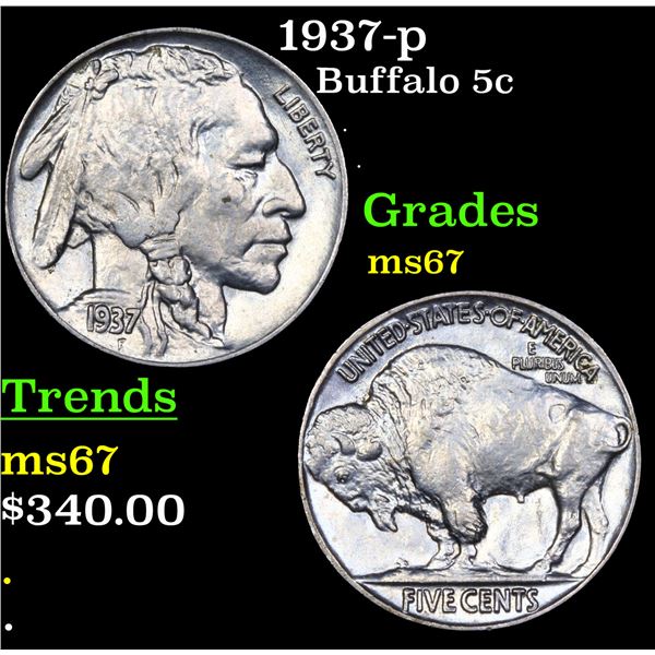 1937-p Buffalo Nickel 5c Grades GEM++ Unc