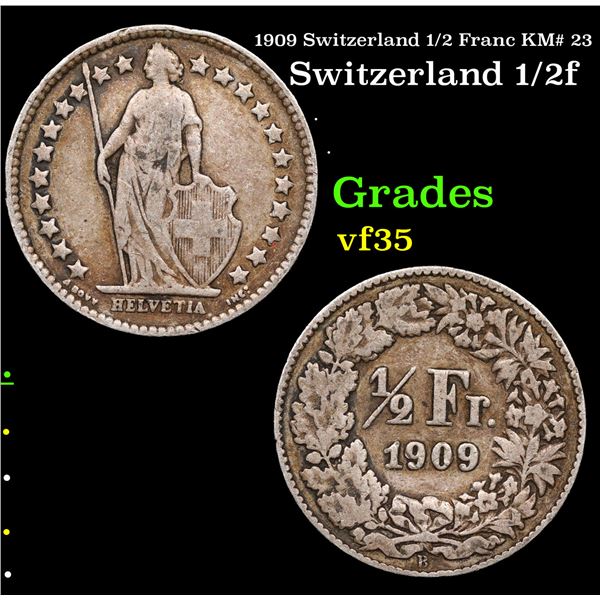 1909 Switzerland 1/2 Franc KM# 23 Grades vf++