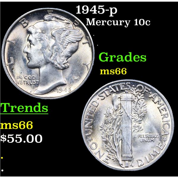 1945-p Mercury Dime 10c Grades GEM+ Unc