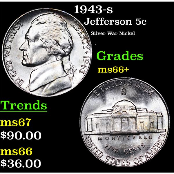 1943-s Jefferson Nickel 5c Grades GEM++ Unc