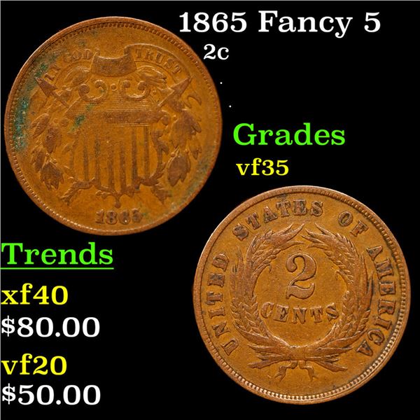 1865 Two Cent Piece Fancy 5 2c Grades vf++