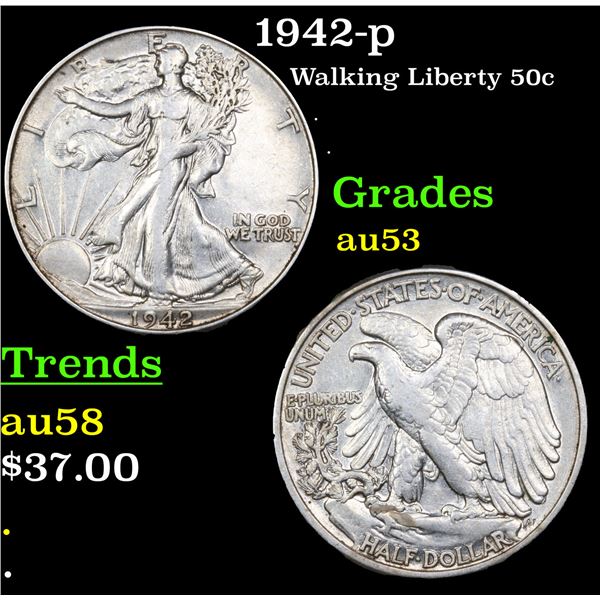 1942-p Walking Liberty Half Dollar 50c Grades Select AU