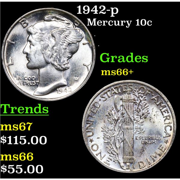 1942-p Mercury Dime 10c Grades GEM++ Unc