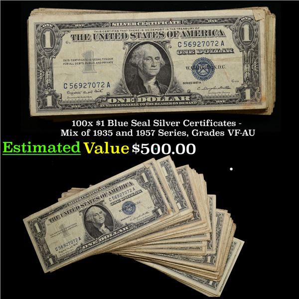 100x $1 Blue Seal Silver Certificates - Mix of 1935 and 1957 Series, Grades VF-AU
