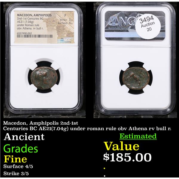 NGC Macedon, Amphipolis 2nd-1st Centuries BC AE21(7.04g) under roman rule obv Athena rv bull r. Grad