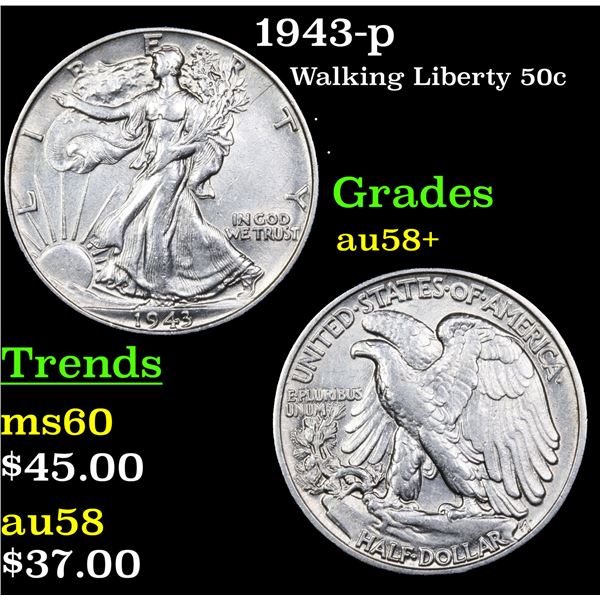 1943-p Walking Liberty Half Dollar 50c Grades Choice AU/BU Slider+