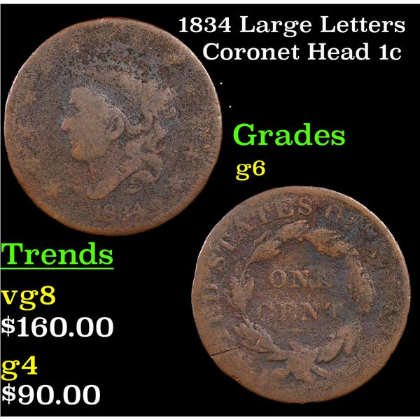 1834 Large Letters Coronet Head Large Cent 1c Grades g+
