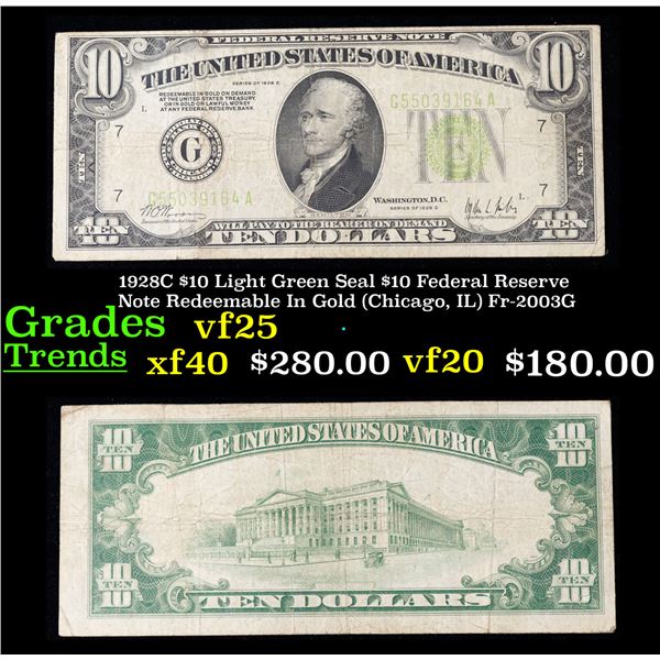 1928C $10 Light Green Seal $10 Federal Reserve Note Redeemable In Gold (Chicago, IL) Fr-2003G Grades