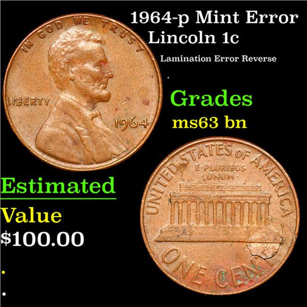 1964-p Lincoln Cent Mint Error 1c Grades Select Unc BN